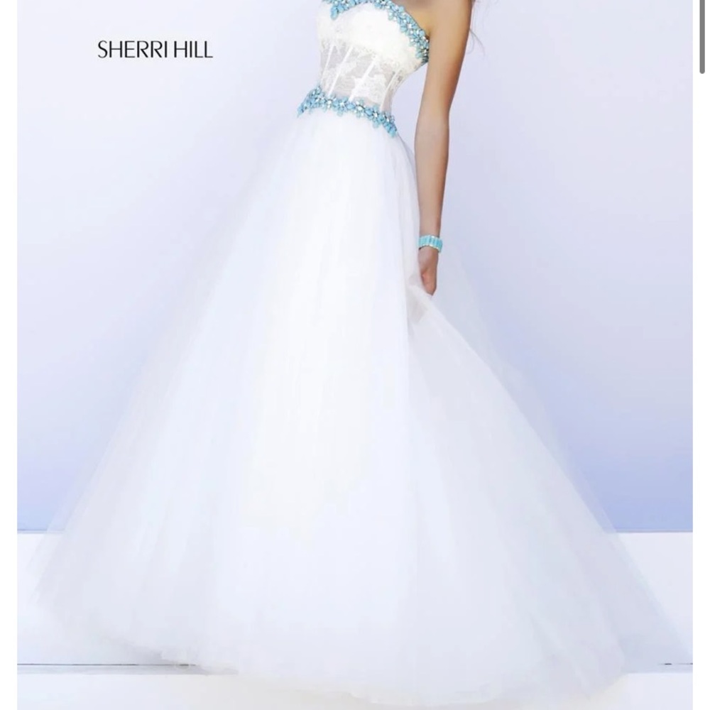 Sherri hill gown!!! Size 4, white with blue gems and lace bodice.